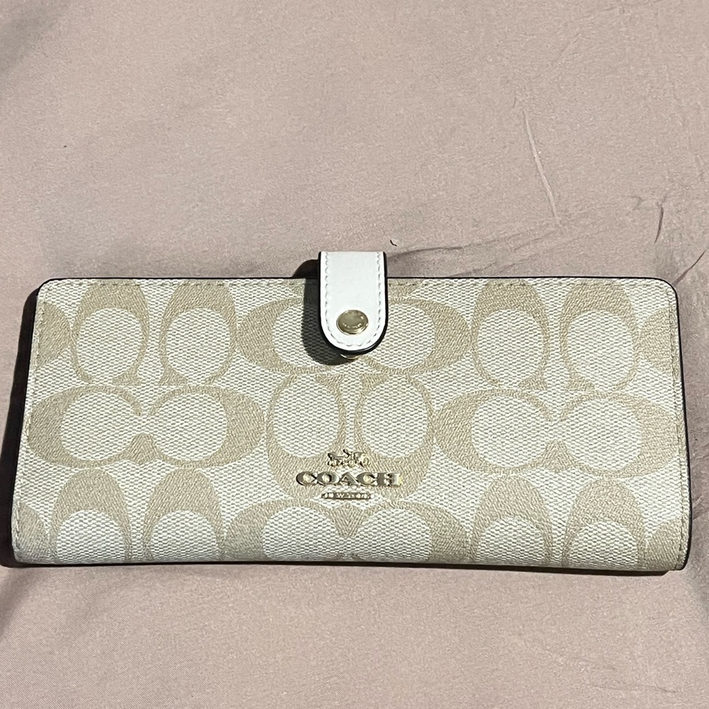 Coach Cream Wallet with Signature Pattern and Snap Closure
